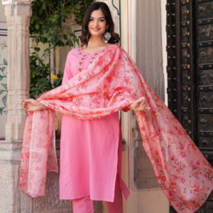 Cotton Suit Set with Floral Dupatta